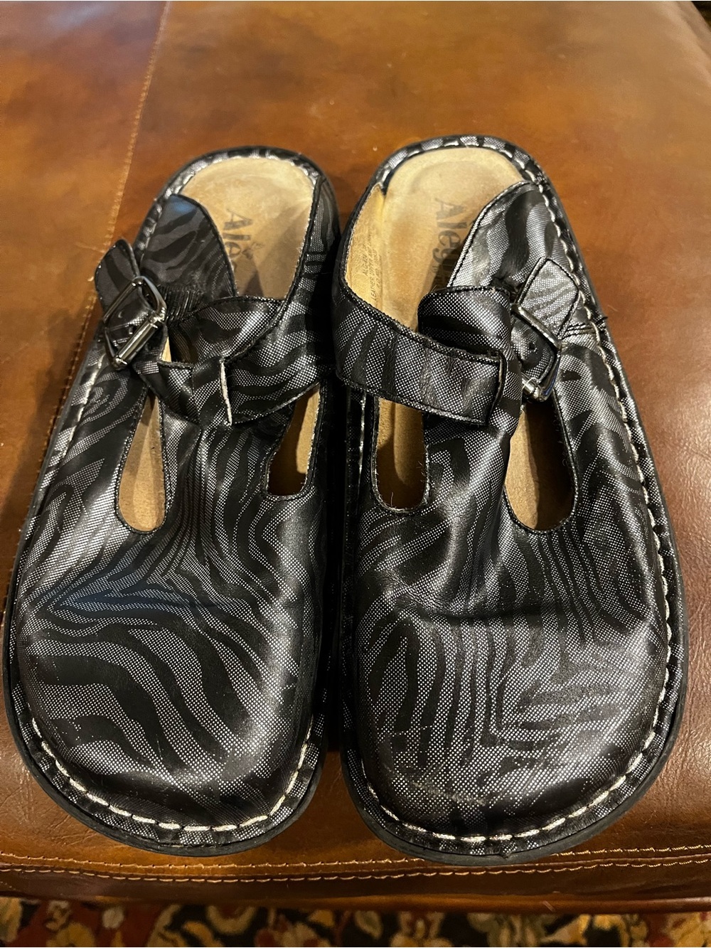 Alegria Black Zebra-Print Buckle Slip-On Clog
